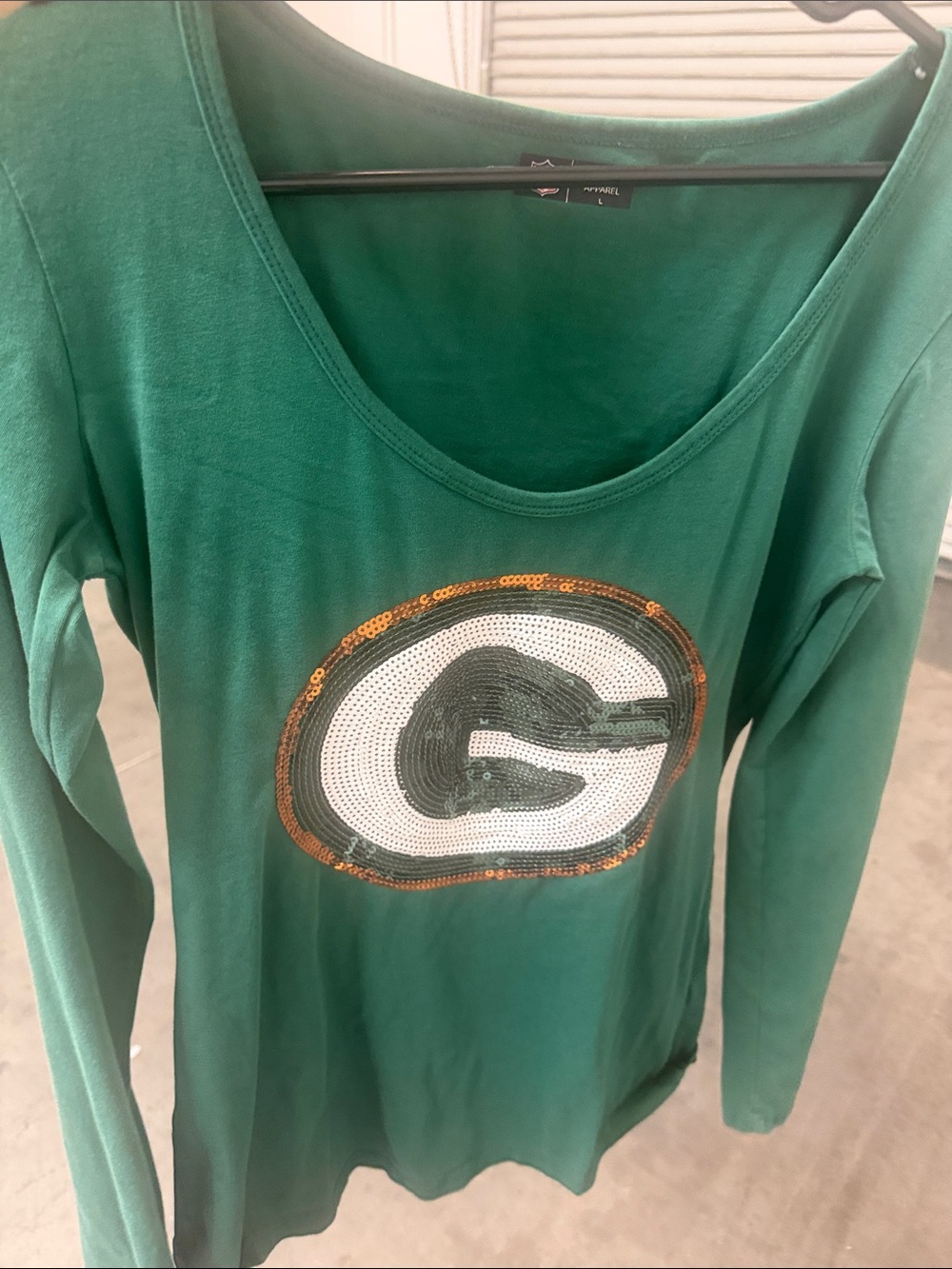 Green Long-Sleeve Scoop Neck Tee with Sequin Logo Accent